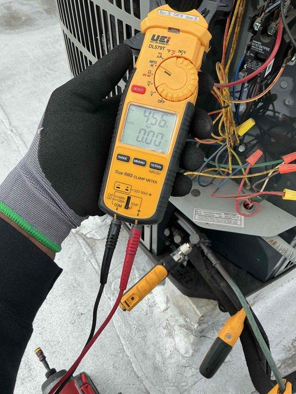 Completed preventative maintenance tune-up on single-system HVAC unit. Performed electrical diagnostics using clamp meter, measuring amperage and voltage at compressor and blower motor to verify proper operation. Inspected evaporator coil, blower assembly, control board, and refrigerant lines; noted system was operating without air filter installed and replaced filter as needed to ensure proper airflow and system protection.