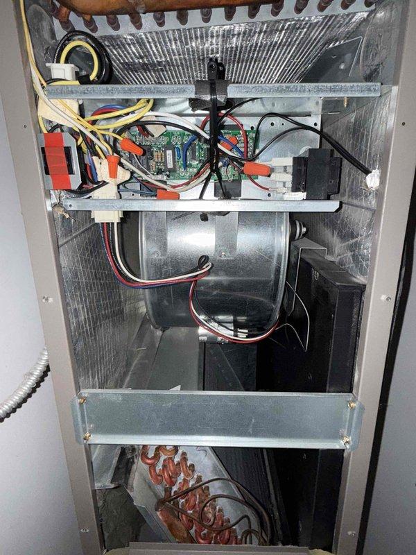 Completed preventative maintenance tune-up on single-system HVAC unit. Performed electrical diagnostics using clamp meter, measuring amperage and voltage at compressor and blower motor to verify proper operation. Inspected evaporator coil, blower assembly, control board, and refrigerant lines; noted system was operating without air filter installed and replaced filter as needed to ensure proper airflow and system protection.