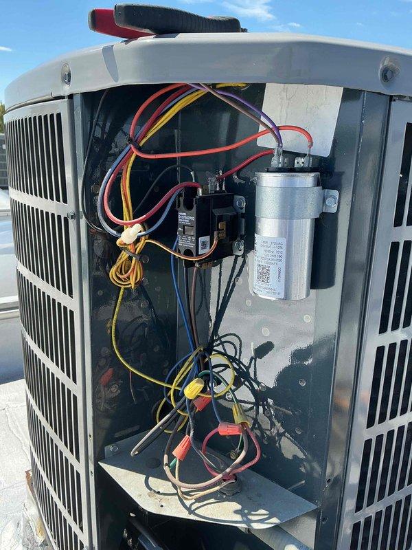 Completed clean and check maintenance on single-system air conditioning unit and air handler. Inspected outdoor condenser unit electrical components including capacitor and contactor, verified proper connections and functionality. Customer declined air filter replacement at this time. System operating within normal parameters with Honeywell ProSeries thermostat displaying proper function.