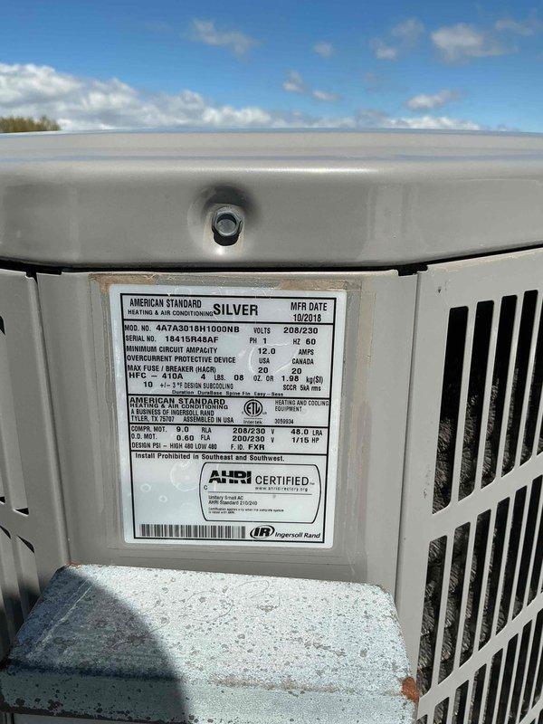 Completed tune-up service on American Standard Silver series split system (manufactured 10/2018, serial 18419R484F) with outdoor condensing unit rated at 208/230V, 60Hz, 12.0A. Performed standard maintenance inspection of both outdoor condenser and indoor air handler, checking all electrical connections, control boards, and blower assembly. Customer declined air filter replacement at this time.