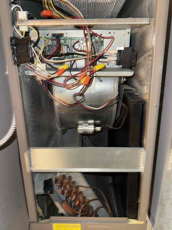 Completed tune-up service on American Standard Silver series split system (manufactured 10/2018, serial 18419R484F) with outdoor condensing unit rated at 208/230V, 60Hz, 12.0A. Performed standard maintenance inspection of both outdoor condenser and indoor air handler, checking all electrical connections, control boards, and blower assembly. Customer declined air filter replacement at this time.