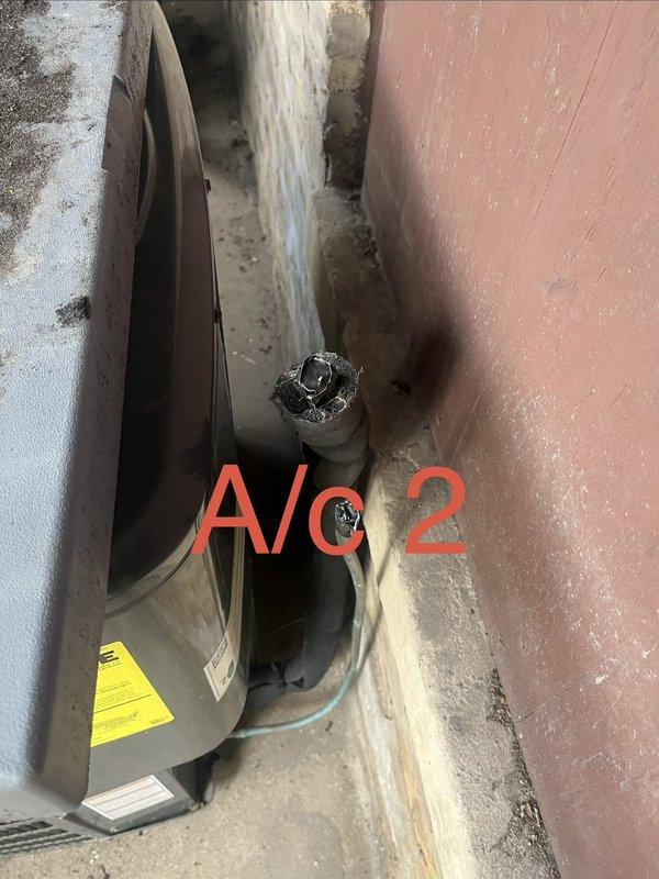 Performed disconnect and reconnect service for six AC units in courtyard area to facilitate construction work. Initial phase included confirming operational status of all units, trapping refrigerant in compressors, disconnecting and labeling all units including AC Unit 1 (Trane XR model 4TTR3024H1000NA, manufactured 1/2021) and AC Unit 2. Tagged and labeled all existing linesets and electrical circuits for proper identification during reinstallation. Units were left on site per association instructions. Upon completion of courtyard construction, returned to reconnect all six AC units to their original locations on existing condenser pads. Performed pressure testing and evacuation of existing copper linesets to ensure system integrity. Reconnected all electrical circuits to respective units. Completed startup procedures, operational testing, and final adjustments on all six units to verify proper function and performance.