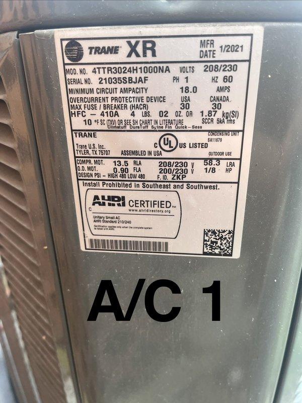 Performed disconnect and reconnect service for six AC units in courtyard area to facilitate construction work. Initial phase included confirming operational status of all units, trapping refrigerant in compressors, disconnecting and labeling all units including AC Unit 1 (Trane XR model 4TTR3024H1000NA, manufactured 1/2021) and AC Unit 2. Tagged and labeled all existing linesets and electrical circuits for proper identification during reinstallation. Units were left on site per association instructions. Upon completion of courtyard construction, returned to reconnect all six AC units to their original locations on existing condenser pads. Performed pressure testing and evacuation of existing copper linesets to ensure system integrity. Reconnected all electrical circuits to respective units. Completed startup procedures, operational testing, and final adjustments on all six units to verify proper function and performance.
