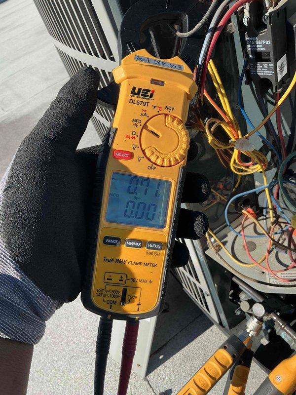 Completed preventative maintenance tune-up on single HVAC system including air conditioning unit and air handler. Performed electrical diagnostics using clamp meter to verify voltage and amperage readings, inspected capacitor and wiring connections, and replaced 12x20x1 air filter. All components operating within normal parameters upon completion of service.