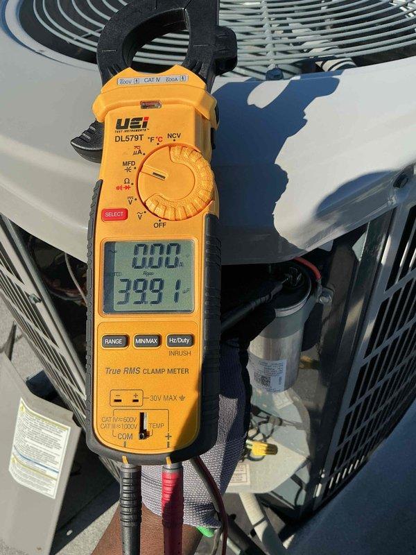 Completed preventative maintenance tune-up on single HVAC system including air conditioning unit and air handler. Performed electrical diagnostics using clamp meter to verify voltage and amperage readings, inspected capacitor and wiring connections, and replaced 12x20x1 air filter. All components operating within normal parameters upon completion of service.