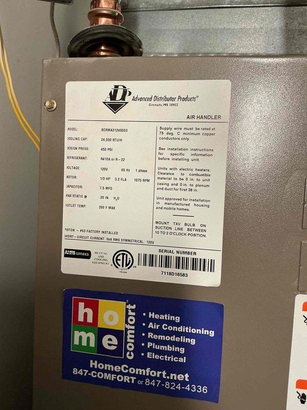 Completed preventive maintenance tune-up on residential HVAC system including Advanced Distributor Products air handler unit (Model BSM481A2B003, 36,000 BTUH, R-410A refrigerant). Performed comprehensive system inspection, cleaned and checked both air conditioning unit and air handler, replaced air filter, and verified electrical readings using clamp meter showing normal amperage draw of 42.8A. System operating within manufacturer specifications with all components functioning properly.
