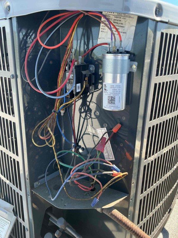 Performed comprehensive tune-up and clean-and-check service on single-system air conditioning unit with air handler. Inspected electrical components including capacitor, contactor, and wiring connections; verified all connections secure and functioning properly. Replaced air filter and measured system amperage at 45 amps with temperature reading of 90.2°F at outdoor condensing unit. All components operating within normal parameters; system tested and left in proper working condition.