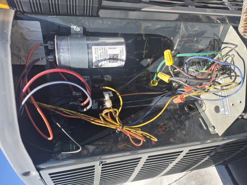 Completed standard HVAC tune-up maintenance on single-system air conditioning unit. Performed visual inspection of outdoor condenser unit and indoor air handler, checking electrical connections, capacitor condition, and overall system operation. Customer declined air filter replacement at this time. Unit found in operational condition with normal wear; interior components showed typical dust accumulation consistent with regular use. All electrical connections secure, wiring intact, and system functioning within normal parameters.
