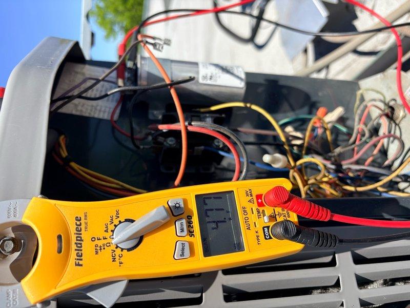 Performed comprehensive tune-up and maintenance on residential split system air conditioning unit, including cleaning and inspection of outdoor condenser unit. Replaced 16x20x1 air filter at air handler. Conducted electrical diagnostics using clamp meter to verify proper voltage, amperage, and system performance. All components found to be operating within normal parameters, and system left in clean and operational condition.