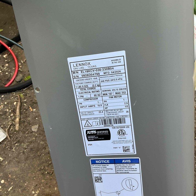 Completed full air conditioning system replacement with early morning start. Reclaimed refrigerant from existing condenser, coil, and line-set before disconnecting and properly disposing of old equipment. Installed new Lennox 3-ton 18 SEER2 variable speed condensing unit (Model EL18KCV-036-230) on leveled pad with pea gravel and new matching evaporator coil. Connected to existing copper refrigerant lines, evacuated system to remove moisture and air, then charged with R410a refrigerant per manufacturer specifications. Installed refrigerant detection system for enhanced safety monitoring. Verified existing humidifier operation prior to removal and confirmed proper function after reinstallation with new system. Performed complete system startup, tested all components, adjusted for optimal performance, and conducted comprehensive safety inspection. System operational readings confirmed proper amperage draw and equipment function within normal parameters.
