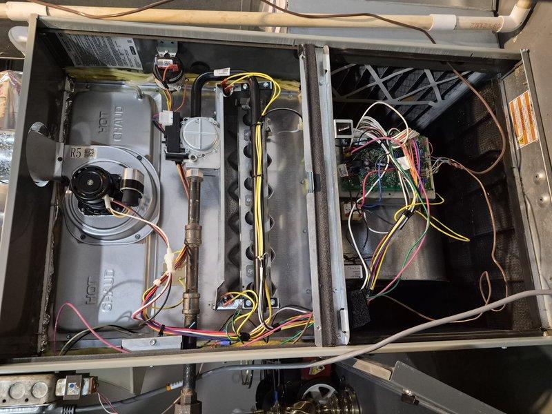 Completed comprehensive clean and check maintenance on air conditioning system per service comfort plan agreement. Performed thorough inspection of indoor air handler unit, including blower motor assembly, evaporator coil, electrical connections, and control board wiring; verified all components operating within manufacturer specifications. Inspected outdoor condensing unit, checking capacitor, contactor, refrigerant lines, and electrical connections; confirmed proper operation and system functionality upon completion.