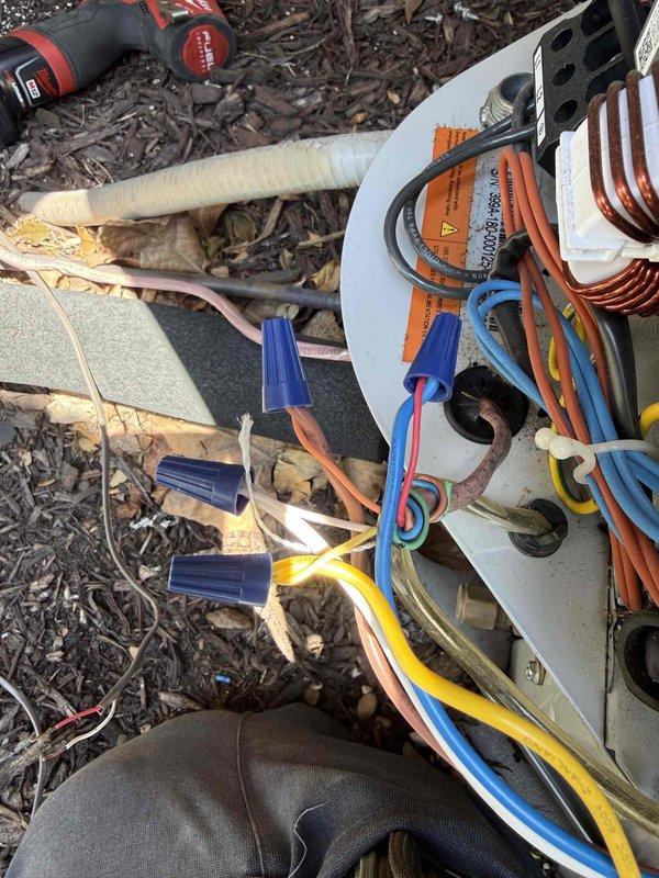 Installed new 8-conductor thermostat wire from the indoor unit to the furnace and ran new 4-conductor control wire to the outdoor condensing unit. Replaced deteriorated low-voltage wiring to restore proper communication between the thermostat, furnace, and air conditioning system, ensuring reliable operation of the HVAC equipment.