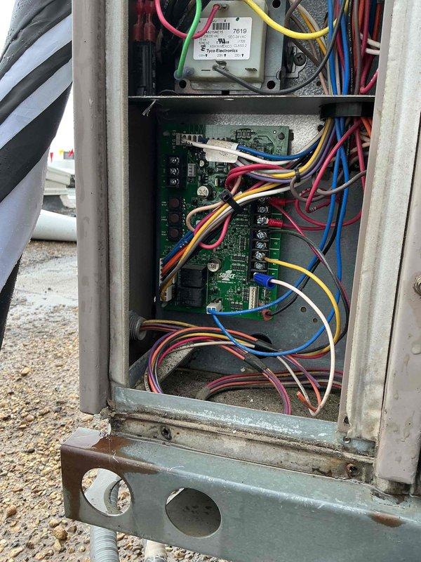 Responded to service call for hallway west rooftop unit with compressor and condenser fan not operating while blower fan ran continuously regardless of thermostat setting. Performed diagnostic inspection of electrical control compartment and identified control board malfunction preventing proper cycling of outdoor components. Documented system conditions with photos of control board, transformer connections, and supply air grille temperatures. Communicated findings to office for property management approval process, noting building was attempting to use unit for heat extraction during re-roofing project beyond normal design parameters. Awaiting authorization to proceed with control board replacement and restore normal system operation.