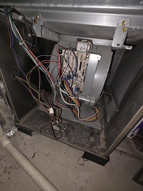 Responded to no cooling complaint and performed diagnostic evaluation of existing HVAC system. Inspected control board, electrical connections, and internal components of air handler unit. Assessed wiring integrity, transformer operation, and control module functionality. Measured ductwork dimensions for replacement equipment sizing. Documented existing system configuration and equipment specifications. Provided estimate for complete HVAC system replacement based on findings and equipment requirements.