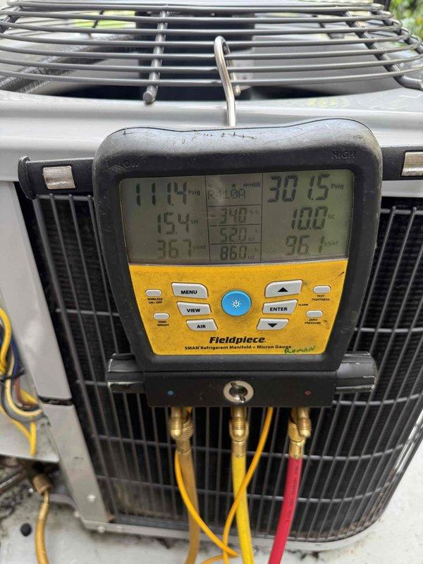 Responded to follow-up service call for ongoing condensate leak on second-floor air conditioning system less than five years old. Performed comprehensive diagnostic evaluation of cooling equipment and drainage system to identify root cause of persistent water leakage issue that continued after previous service attempt. Utilized refrigerant manifold gauges to verify system pressures and operating temperatures, confirming compressor discharge pressure at 381.5 psi and monitoring superheat/subcooling values. Inspected evaporator coil drain pan, condensate drain line, and trap assembly for blockages or improper pitch. Checked condenser unit level and verified proper installation to ensure correct refrigerant flow and drainage. Identified underlying issue causing repeated condensate overflow and provided repair options to resolve water damage concerns before summer cooling season.