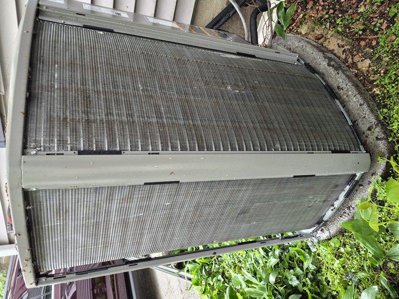 Completed Comfort Plan Clean and Check maintenance on single HVAC system. Performed comprehensive inspection of outdoor condensing unit, which showed normal weathering and debris accumulation on condenser coils and top surface. Cleaned condenser coils and removed leaves, dust, and organic matter from unit housing and fins. Verified Honeywell Home ProSeries thermostat operation, confirming proper display function and temperature reading of 71°F. System operating within normal parameters with no deficiencies noted requiring immediate attention.