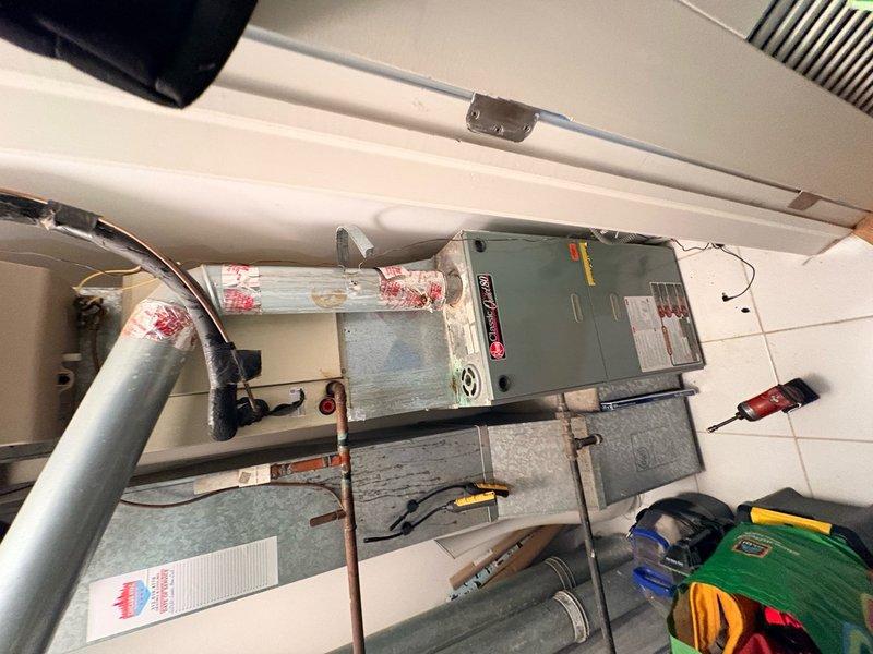 Responded to no cooling call on Goodman split system. Performed diagnostic evaluation of indoor air handler and outdoor condensing unit. Inspected refrigerant lines, electrical connections, and ductwork configuration. System assessed for proper operation, airflow, and refrigerant charge levels to determine root cause of cooling failure and presented repair options to restore functionality.