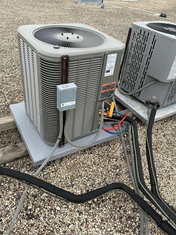 Removed and properly disposed of existing air handler with hydronic coil from mechanical closet and existing A/C condenser from rooftop per EPA guidelines. Installed new ADP 1.5-2.0 ton air handler with hydronic coil in mechanical closet, fabricating necessary sheet metal transitions to connect to existing supply air ductwork, return air ductwork, and electrical service. Installed new Lennox 13 SEER2 ML13KC1-024-230 2.0 ton A/C condensing unit on rooftop in original location. Flushed existing copper lineset and connected new condenser and evaporator coil to lineset. Evacuated system to remove moisture and air, then charged system with refrigerant to manufacturer specifications. Installed new Honeywell T4 thermostat. Performed system startup, testing, and final adjustments to ensure proper operation of complete HVAC system.