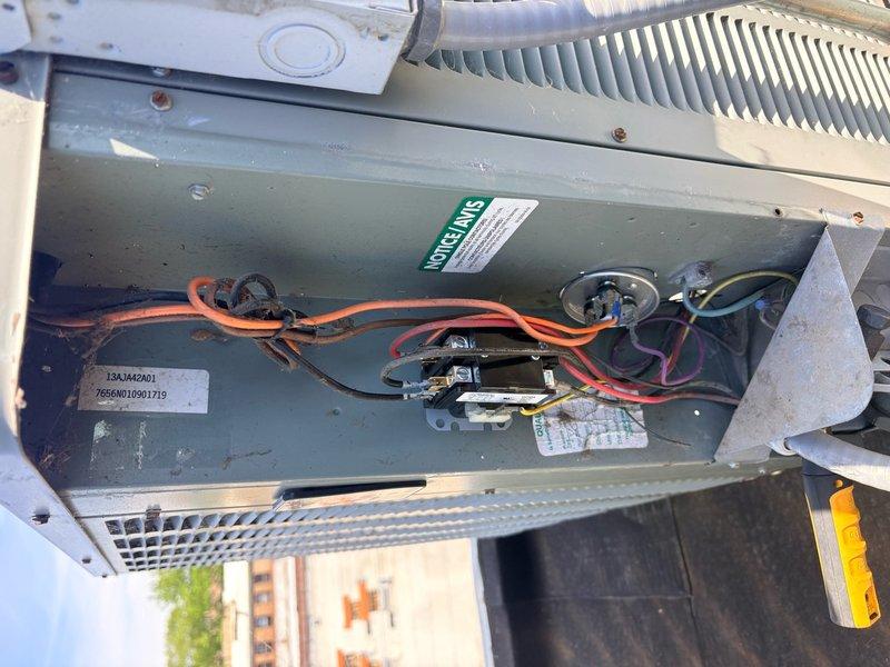 Responded to no cooling complaint with unusual noise from air conditioning system. Upon inspection, found faulty contactor with loose electrical connections causing arcing and abnormal operation. Replaced contactor, secured all electrical terminations, verified proper voltage at compressor, and confirmed system returned to normal cooling operation with no unusual sounds.