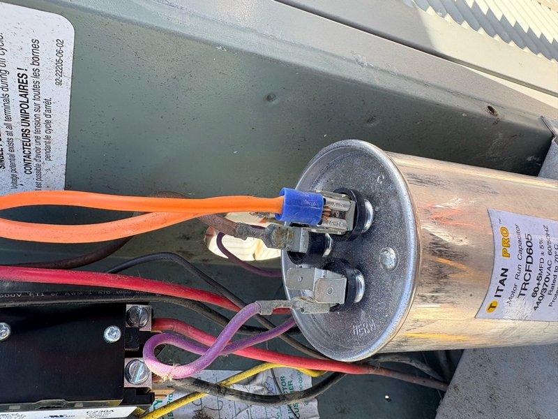 Responded to no cooling complaint with unusual noise from air conditioning system. Upon inspection, found faulty contactor with loose electrical connections causing arcing and abnormal operation. Replaced contactor, secured all electrical terminations, verified proper voltage at compressor, and confirmed system returned to normal cooling operation with no unusual sounds.