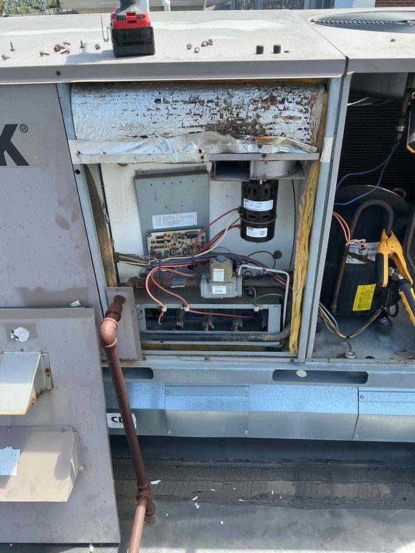 Completed comprehensive spring maintenance on commercial facility with 17 rooftop units serving multiple rooms. Performed clean and check procedures on all RTUs including electrical testing with clamp meter showing 52.1 amp draw, inspected compressors, motors, contactors, and refrigerant lines. Noted significant rust and corrosion damage with peeling paint in upper compartment of one unit requiring future attention. Shut down boiler for seasonal transition and replaced filters throughout facility including 16x20x25x2, 8x20x30x2, 12x15x20x2, 6x14x25x2, 5x18x24x2, and 4x20x24x2 sizes. All systems operational upon completion of maintenance service.