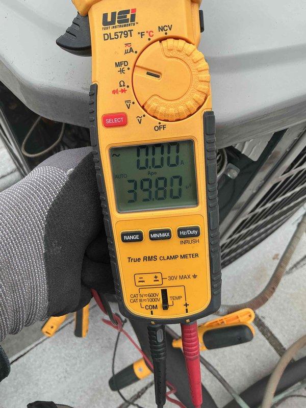 Completed preventative maintenance tune-up on residential split HVAC system. System was found operating without an air filter; installed replacement filter to ensure proper airflow and equipment protection. Performed standard maintenance procedures including inspection of heat exchanger, refrigerant lines, electrical connections, and control board wiring. Verified electrical performance using clamp meter, confirming system operating within normal parameters at 39.8 volts. All components found in satisfactory condition with no additional repairs required at this time.