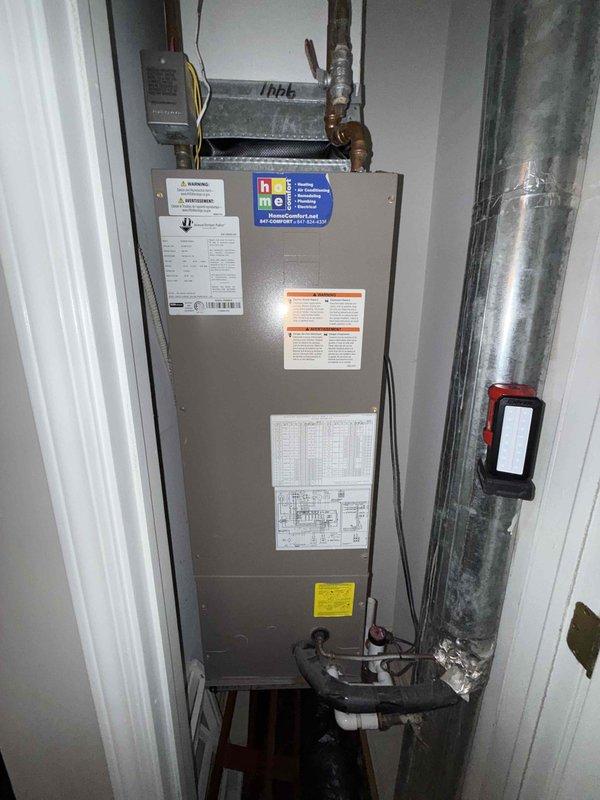 Performed comprehensive tune-up and inspection on single-system air conditioning unit with air handler. Inspected all electrical connections, control board, and wiring harnesses within air handler compartment. Verified proper operation of capacitor and all electrical components. Examined refrigerant lines and insulation for integrity. Replaced air filter. Cleaned and inspected internal components, removing dust accumulation from control board area and electrical compartment. Verified all safety labels and warning stickers present and legible. Tested system operation and confirmed proper functionality of all components. Unit operating within normal parameters upon completion of maintenance service.
