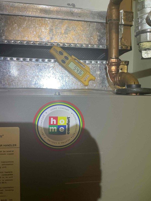 Performed routine maintenance on residential HVAC system including air conditioning unit and air handler. Conducted clean and check inspection of all components, replaced air filter, and verified system operation with digital diagnostic equipment. Temperature and electrical measurements confirmed system operating within normal parameters with no deficiencies noted.