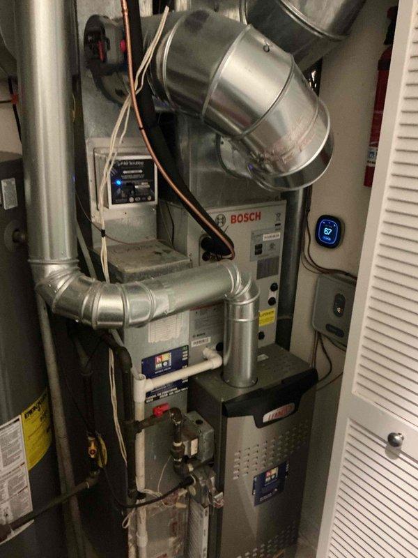 Completed spring preventive maintenance and clean and check service on single-zone HVAC system per Comfort Plan agreement. Performed comprehensive inspection of Trane air handler and Bosch equipment, including visual examination of control board components, electrical connections, and all accessible system components. Verified proper operation of electronic controls, checked all wire terminations and connections for security, inspected ductwork connections, and confirmed thermostat functionality displaying proper temperature readings. All system components found operating within normal parameters with no deficiencies noted at time of service.
