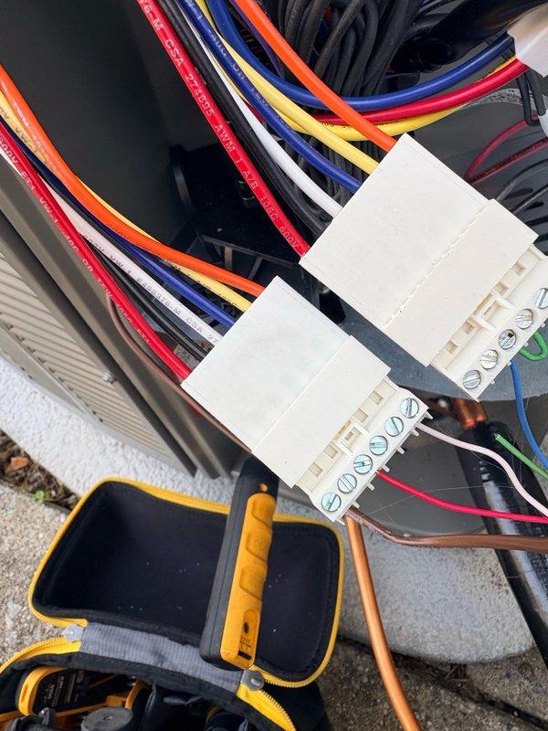 Completed warranty inspection on newly installed Lennox air conditioning system. Verified proper electrical connections at terminal blocks with multimeter testing, confirmed outdoor condenser unit placement on concrete pad with appropriate clearances, and documented installation meets manufacturer specifications. All components functioning correctly with no deficiencies noted.