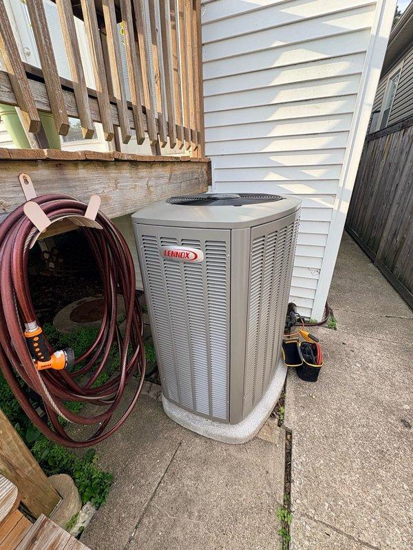 Completed warranty inspection on newly installed Lennox air conditioning system. Verified proper electrical connections at terminal blocks with multimeter testing, confirmed outdoor condenser unit placement on concrete pad with appropriate clearances, and documented installation meets manufacturer specifications. All components functioning correctly with no deficiencies noted.