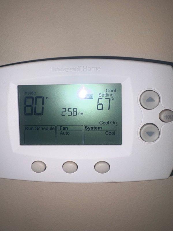 Responded to no cooling complaint on second floor system. Upon arrival, found thermostat set to cooling mode at 67 degrees with inside temperature reading 80 degrees, indicating system was calling for cooling but not achieving setpoint. Performed diagnostic evaluation of outdoor condensing unit and indoor air handler to identify cause of cooling failure and restore proper operation to second floor HVAC system.