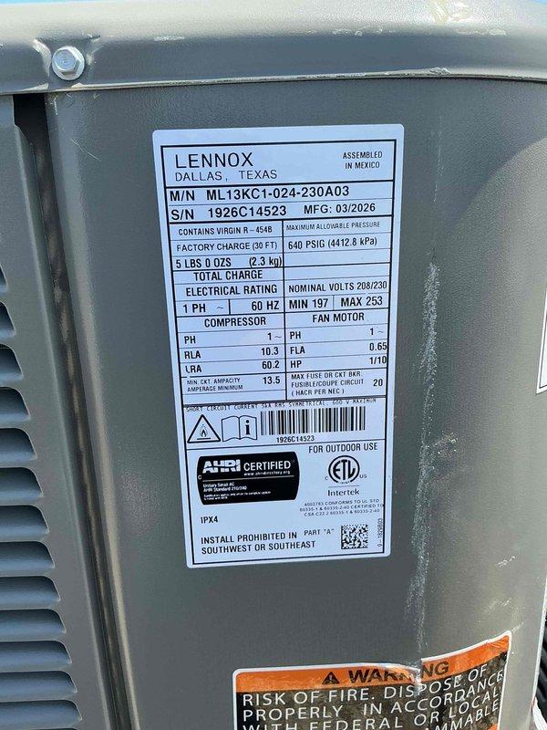 Completed full HVAC system replacement including disconnection and proper disposal of existing air handler with hydronic coil from mechanical closet and rooftop condenser per EPA guidelines. Installed new ADP 1.5-2.0 ton air handler with hydronic coil in mechanical closet, fabricated necessary sheet metal transitions, and connected to existing supply/return ductwork and electrical systems. Installed new Lennox 13 SEER2 ML13KC1-024-230 2.0 ton condensing unit on roof in same location as previous unit, flushed and connected to existing copper lineset, evacuated system to remove moisture, charged with Virgin R-454B refrigerant per manufacturer specifications, and installed new Honeywell T4 thermostat. Performed complete system startup, testing, and final adjustments to ensure proper operation of all components.
