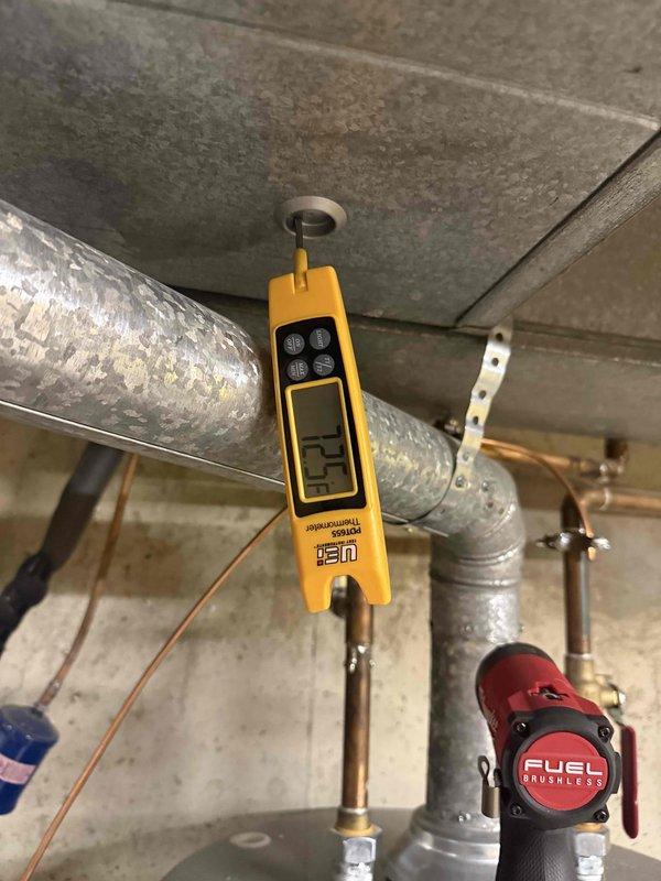 Completed spring clean and check maintenance service on air conditioning system per comfort plan agreement. Performed comprehensive system inspection including temperature differential measurements across the evaporator coil (14.03°F delta-T recorded) and supply air temperature verification (77.1°F measured at supply duct). Inspected refrigerant lines, ductwork connections, and air handler components for proper operation and condition. All measurements within acceptable operating parameters, system functioning properly with no deficiencies noted.