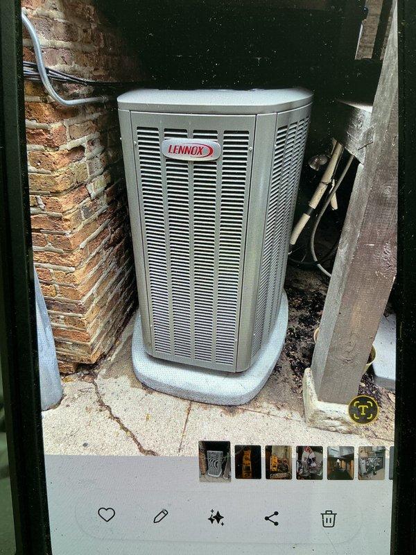 Completed warranty replacement of outdoor air conditioning condenser unit with correct Lennox model. Removed existing AC unit and returned to shop for warranty processing, ensuring adequate refrigerant line length was preserved to avoid service valve replacement. Installed new condenser on existing pad, verified system specifications and charge requirements, and performed diagnostic measurements to confirm proper operation.