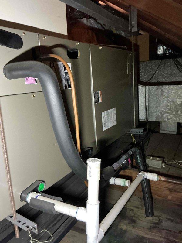 Completed spring maintenance tune-up on residential split system HVAC unit. Performed comprehensive cleaning and inspection of indoor air handler located in attic space and outdoor condenser unit, verified proper operation of all system components including refrigerant lines, condensate drainage system, and electrical connections. All equipment tested and found operating within manufacturer specifications.
