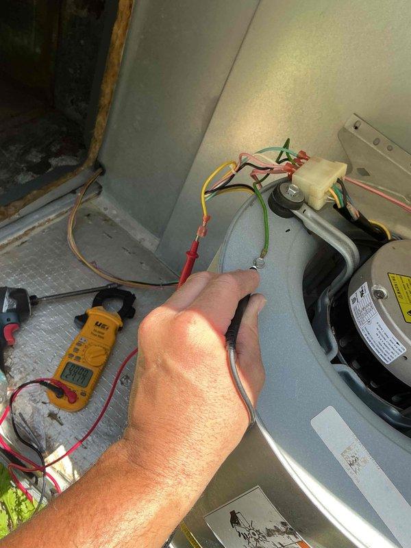 Replaced defective circuit board on commercial Goodman HVAC unit. Performed diagnostic testing with multimeter to verify electrical continuity and proper motor operation before and after board replacement. Unit restored to full operational status with blower motor functioning correctly.