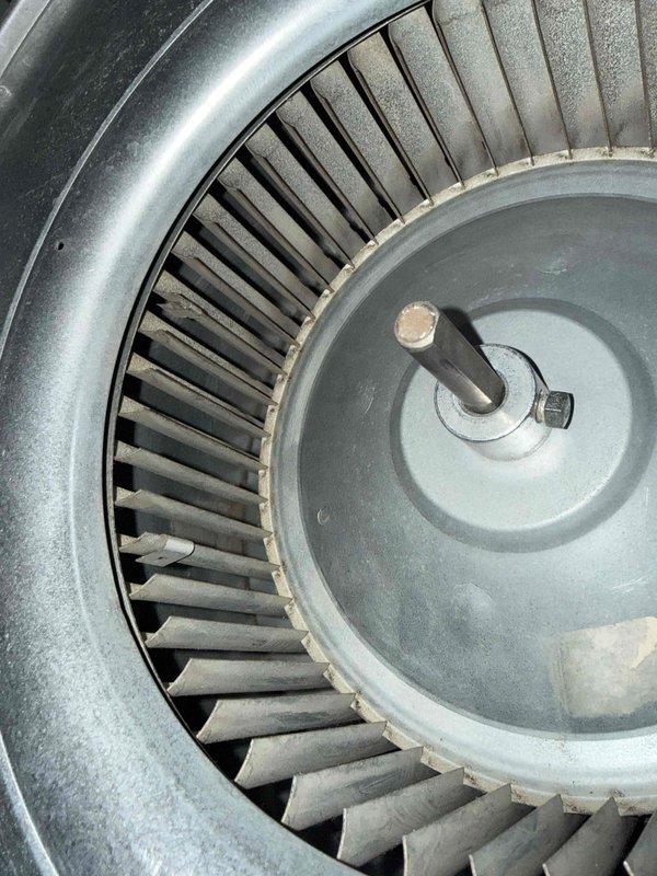 Performed blower wheel cleaning service on HVAC system. Removed and thoroughly cleaned the squirrel cage blower wheel assembly, which showed significant dust and debris accumulation on the blades and between the fins. Also cleaned the evaporator coil assembly, removing dirt and grime buildup from the aluminum fins and metallic surfaces to restore proper airflow and system efficiency.