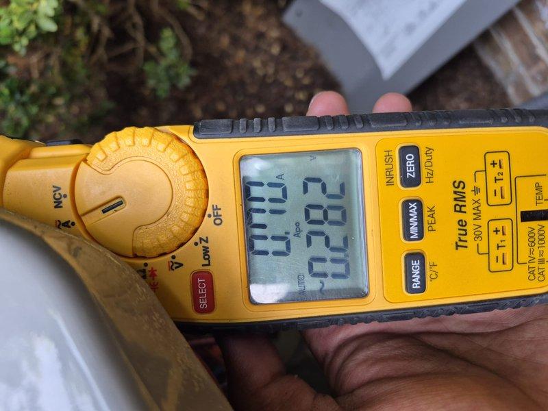 Completed spring preventative maintenance on air conditioning system per comfort plan agreement. Performed comprehensive clean and check including thermostat verification showing system operating in cooling mode at 72°F setpoint, and amperage readings on outdoor unit confirming proper electrical draw and compressor function. All components inspected and system operating within normal parameters.