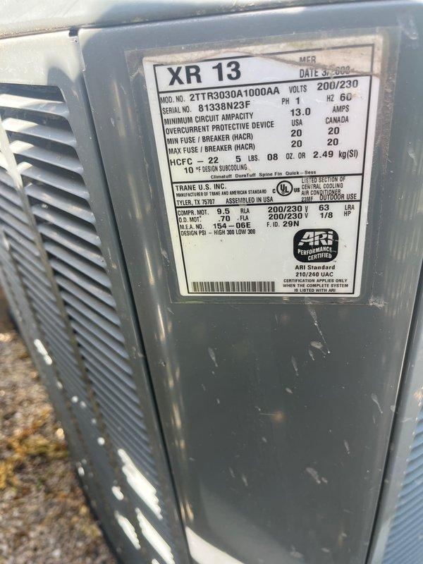 Responded to customer inquiry regarding compressor replacement for a 2008 Trane XR13 outdoor condensing unit (Model 2RTR3030A1000AA). Upon discussion of service costs, customer elected to pursue full system replacement instead of compressor repair due to the age of the existing equipment. Documented current system specifications including HCFC-22 refrigerant type, 200/230V electrical requirements, and unit serial number for replacement estimate preparation.