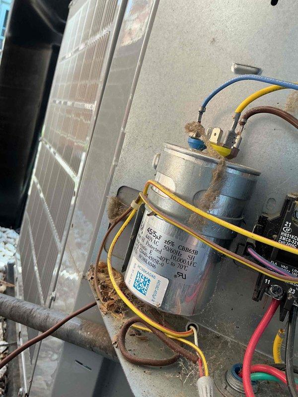 Responded to no cooling complaint on Carrier air conditioning unit with thermostat reading 87°F. Upon inspection, diagnosed failed capacitor preventing compressor operation. Replaced defective dual run capacitor with new unit meeting manufacturer specifications. Verified proper electrical connections, tested system startup, and confirmed unit cycling properly with supply air temperature reading 52°F at register. System restored to normal cooling operation.