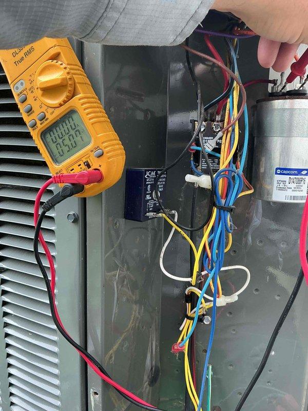 Completed comprehensive Clean and Check maintenance service on single HVAC system per Comfort Plan agreement. Performed electrical diagnostics using digital multimeter to verify proper voltage and amperage at outdoor condensing unit, inspected all electrical connections and components including capacitor, contactor, and control wiring, and documented system condition with photos. Customer declined additional service for dryer vent cleaning.