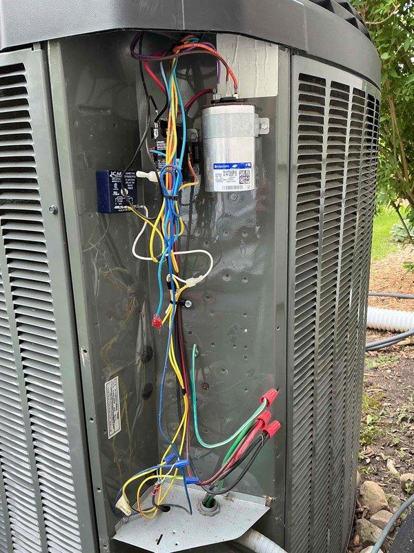 Completed comprehensive Clean and Check maintenance service on single HVAC system per Comfort Plan agreement. Performed electrical diagnostics using digital multimeter to verify proper voltage and amperage at outdoor condensing unit, inspected all electrical connections and components including capacitor, contactor, and control wiring, and documented system condition with photos. Customer declined additional service for dryer vent cleaning.