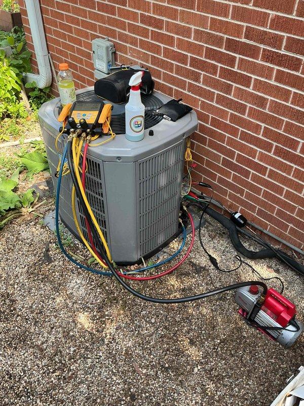 Returned to property to complete diagnostic work on residential air conditioning system. Successfully located refrigerant leak using electronic detection equipment and pressure testing methods. Recharged system with refrigerant to manufacturer specifications after leak identification. Verified proper system pressures and operation using digital manifold gauges, confirming unit returned to normal cooling performance.