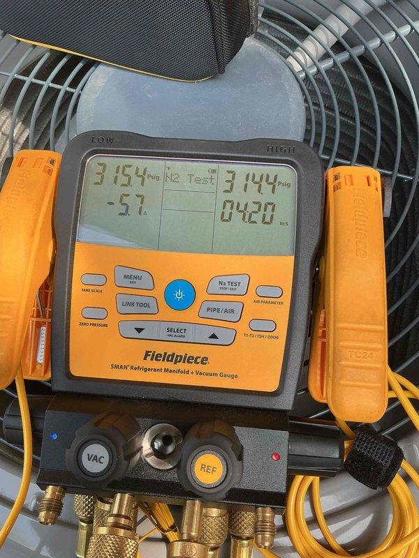 Returned to property to complete diagnostic work on residential air conditioning system. Successfully located refrigerant leak using electronic detection equipment and pressure testing methods. Recharged system with refrigerant to manufacturer specifications after leak identification. Verified proper system pressures and operation using digital manifold gauges, confirming unit returned to normal cooling performance.