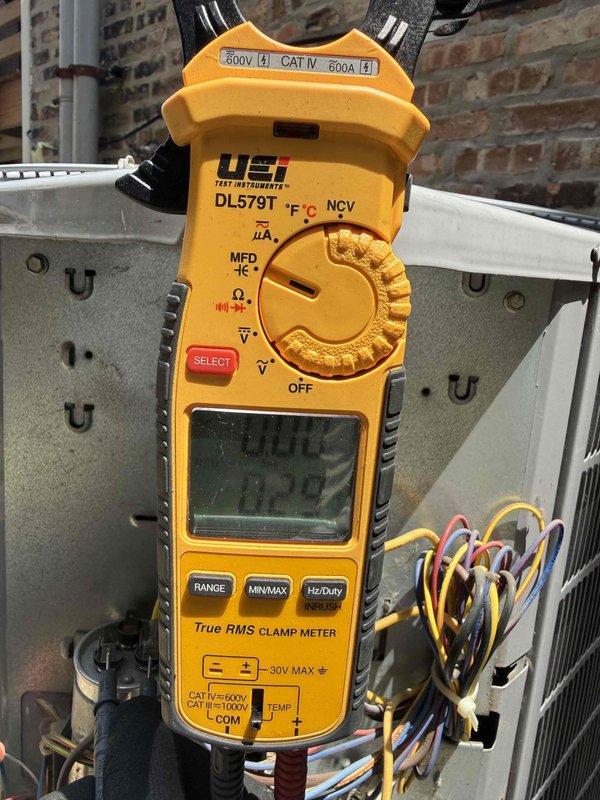 Responded to no cooling call on residential air conditioning system. Upon arrival, performed diagnostic evaluation using clamp meter and digital measuring instruments to assess electrical components and system operation. Verified thermostat settings, checked air filter condition, and confirmed breaker status. Measured system temperatures and tested electrical values at the unit to determine root cause of cooling failure.