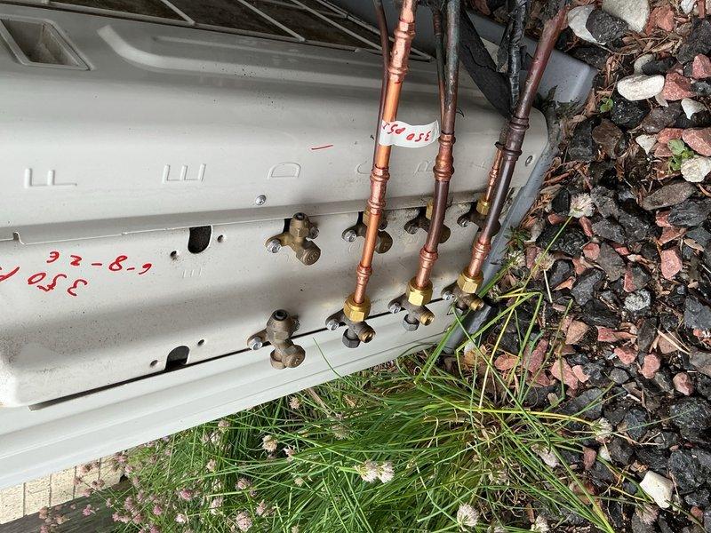 Completed warranty service on residential HVAC system by replacing six push-fit connections with flare connections on refrigerant lines at outdoor condensing unit. All connections were pressure tested and verified leak-free upon completion, ensuring system integrity and proper operation.