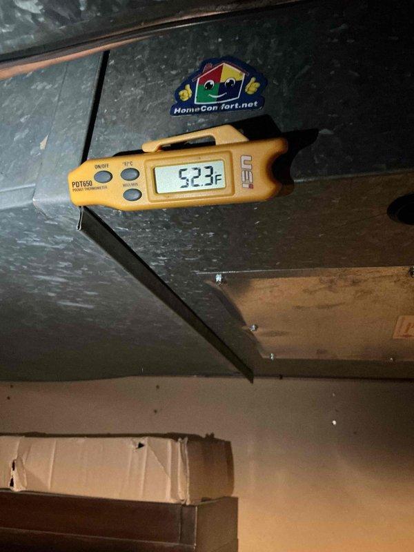 Performed comprehensive Comfort Plan clean and check maintenance on single-system HVAC unit. Conducted thorough inspection of furnace and air conditioning components, verifying proper operation of high-efficiency heating system with PVC venting configuration. Measured supply air temperatures at ductwork using calibrated digital thermometer to confirm system performance parameters. Inspected all accessible mechanical components including furnace cabinet, ductwork connections, and ventilation piping. Verified equipment labels and manufacturer specifications were properly displayed. System found to be operating within normal parameters with no deficiencies noted requiring immediate attention.
