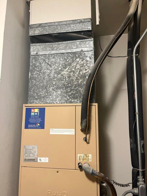 Responded to service call for non-operational cooling system that failed the previous fall on an over 15-year-old RUUD HVAC unit. Performed diagnostic evaluation of existing air handler and condensing unit, assessed system age and condition, and determined equipment had reached end of serviceable life. Provided comprehensive replacement estimate for new heating and cooling system including equipment specifications, installation requirements, and available upgrade options.