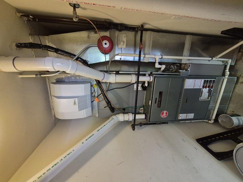 Completed A/C maintenance on single system in new building requiring 40-foot ladder access to 30-foot flat roof with no interior roof access. Performed comprehensive tune-up including electrical measurements using digital multimeter, recording voltage readings and verifying proper amperage on unit components. Inspected indoor HVAC equipment, humidification system, and associated ductwork in mechanical room. Documented all equipment information and captured detailed photographs of electrical connections, piping systems, PVC drainage lines, and overall installation for service records. Discussed benefits of comprehensive maintenance program with property representative.